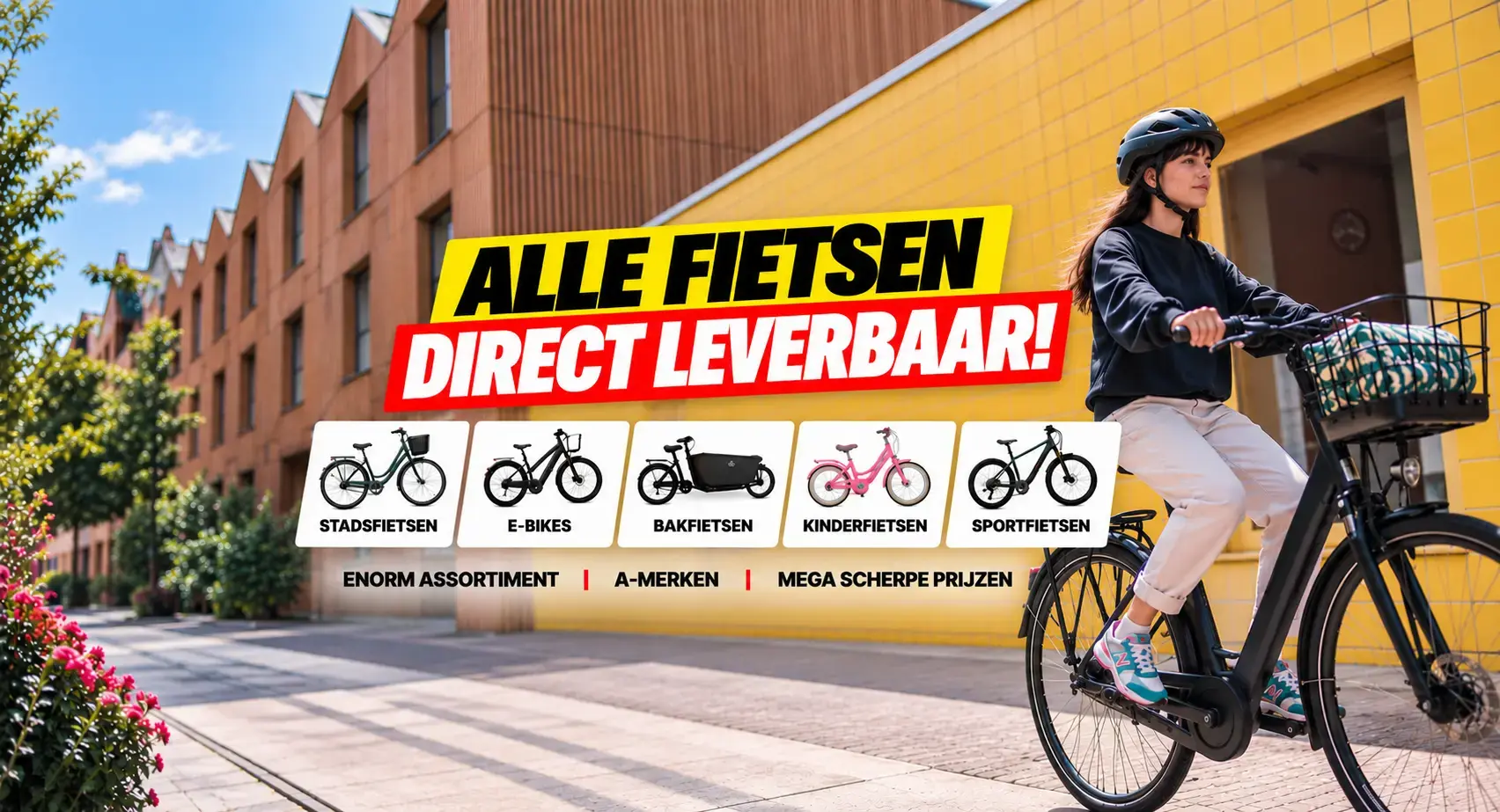 Fietsadvertentie met stadsfietser en kleurrijke banners